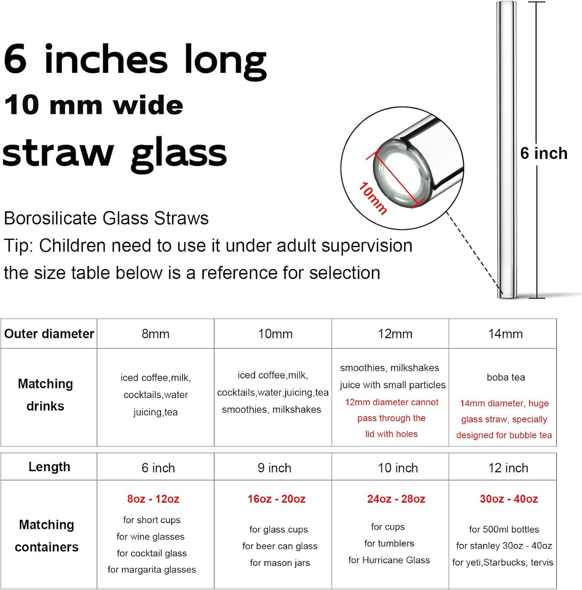 Shatter-Resistant Bent Glass Straws, 9 Inch x 8mm Thin for 16 oz Cups