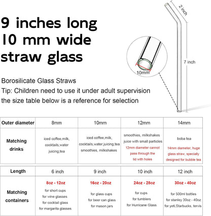Shatter-Resistant Bent Glass Straws, 9 Inch x 8mm Thin for 16 oz Cups