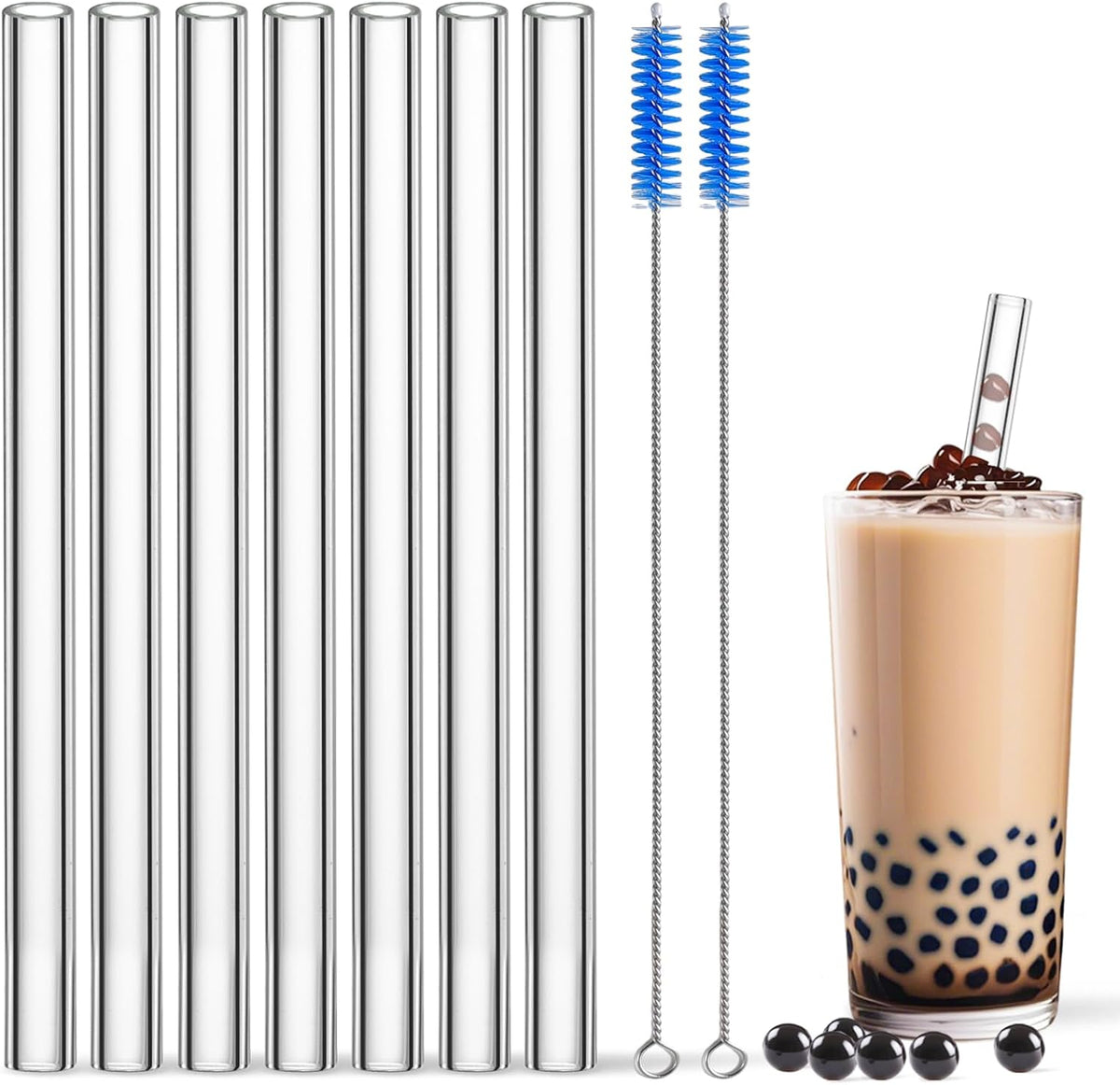 Shatter-Resistant Bent Glass Straws, 9 Inch x 8mm Thin for 16 oz Cups