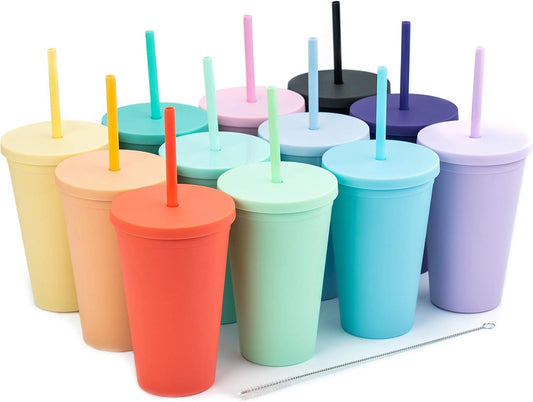Tumblers with Lids (12 pack) 16oz Colored Acrylic Cups with Lids and Straws | Double Wall Matte Plastic Bulk Tumblers With FREE Straw Cleaner! Vinyl Customizable DIY Gifts (Assorted)