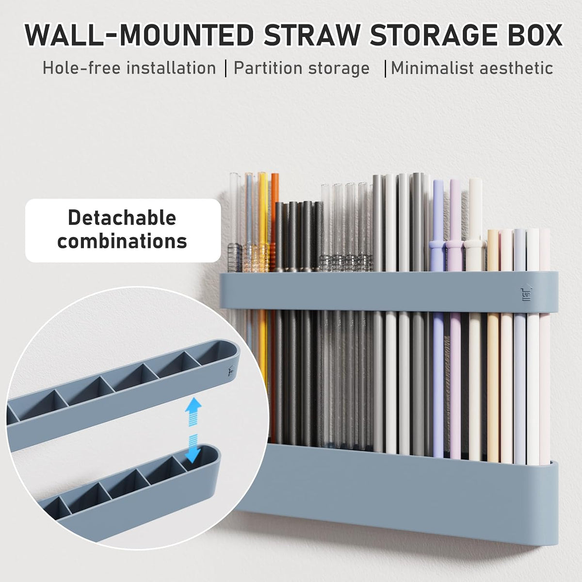 Straw Holder, reusable straw storage rack, suitable for kitchen walls, counters, cabinet doors, refrigerator doors, etc (Dark blue)