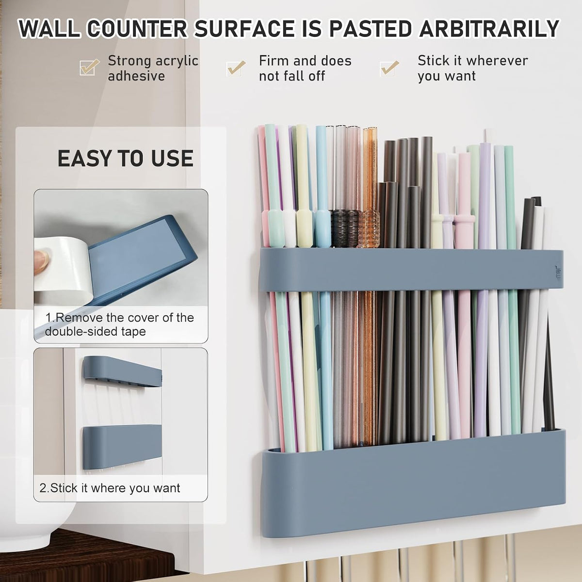 Straw Holder, reusable straw storage rack, suitable for kitchen walls, counters, cabinet doors, refrigerator doors, etc (Dark blue)