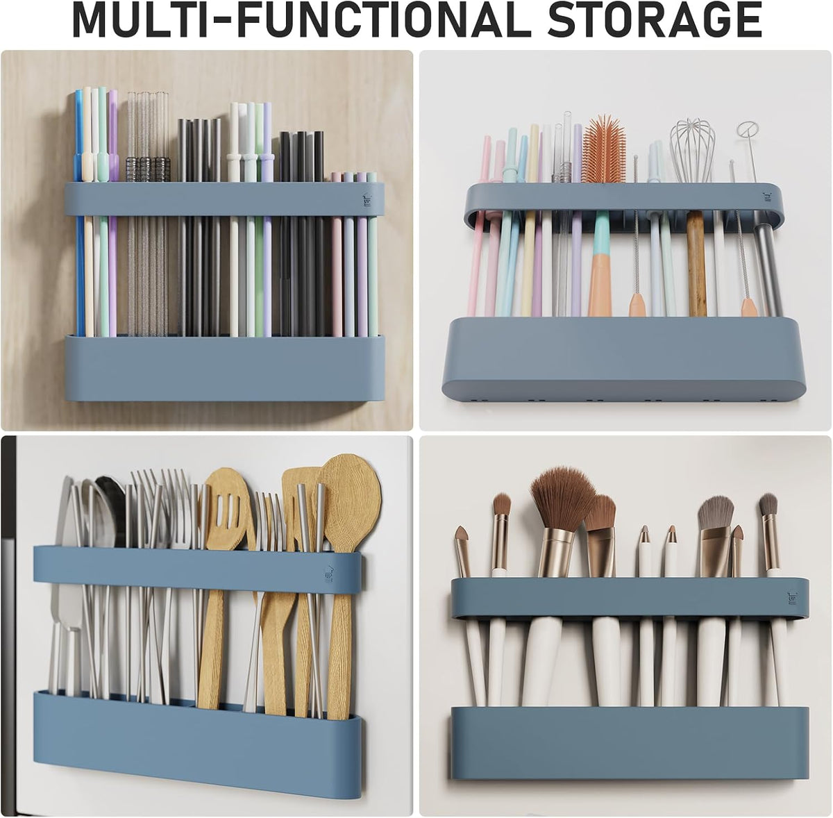 Straw Holder, reusable straw storage rack, suitable for kitchen walls, counters, cabinet doors, refrigerator doors, etc (Dark blue)