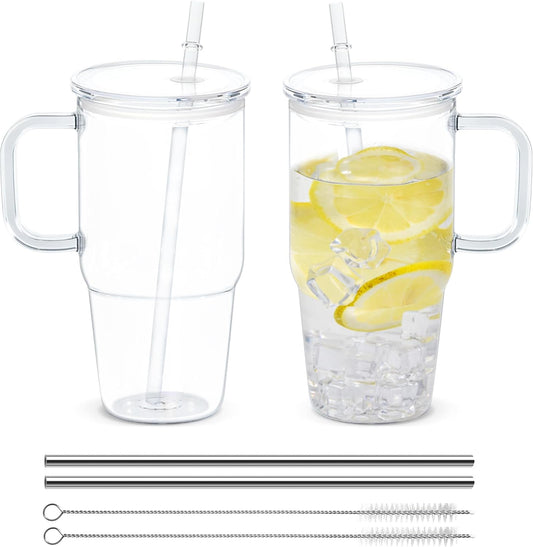20oz Plastic Tumbler with Handle, Clear Tumblers with Lid and Straw