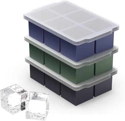 3 Pack Large Ice Cube Molds, Silicone Ice Cube Tray with Lid for Whisky