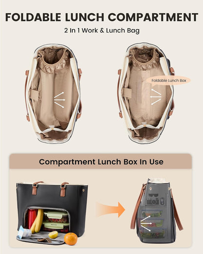 Work Tote Bag with Lunch Compartment, 3 in 1 Laptop Tote Bag for Women with Giant Tumbler Holder for Teacher, Nurse, Travel, Office, Daily