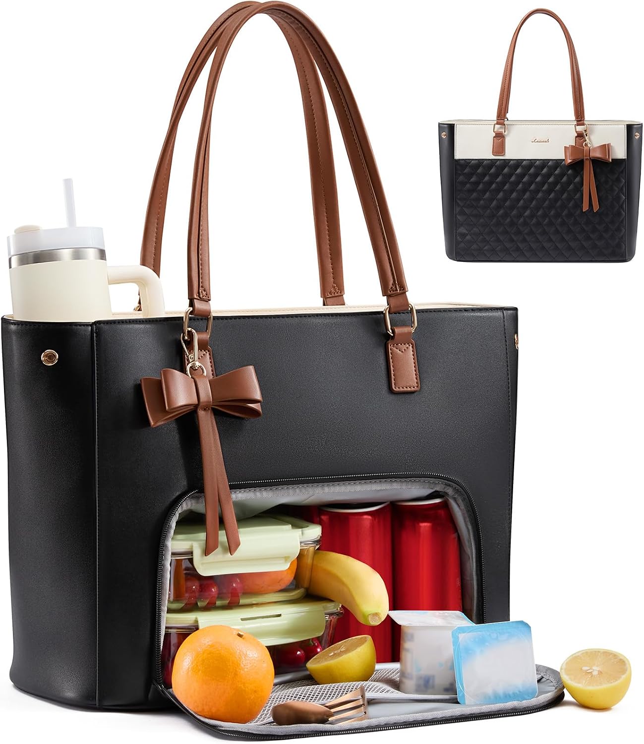 Work Tote Bag with Lunch Compartment, 3 in 1 Laptop Tote Bag for Women with Giant Tumbler Holder for Teacher, Nurse, Travel, Office, Daily