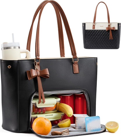 Work Tote Bag with Lunch Compartment, 3 in 1 Laptop Tote Bag for Women with Giant Tumbler Holder for Teacher, Nurse, Travel, Office, Daily