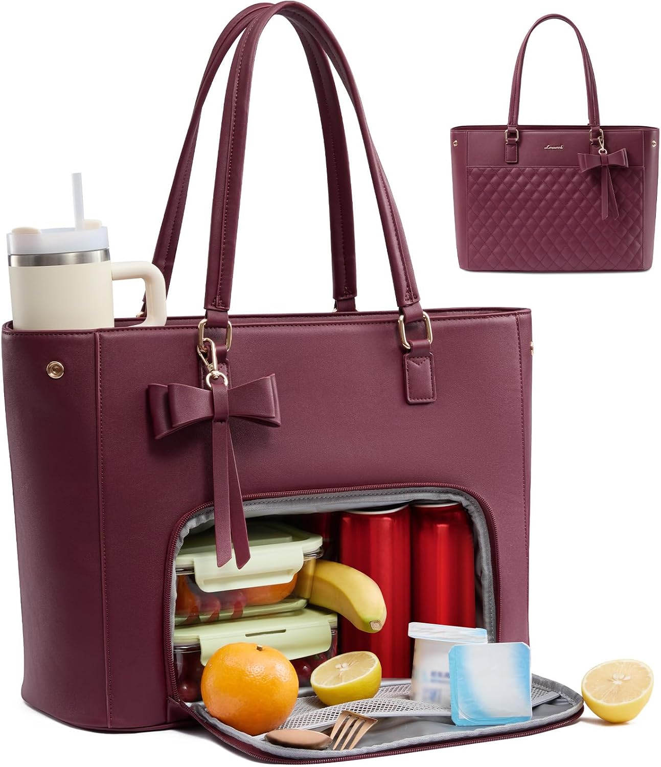 Work Tote Bag with Lunch Compartment, 3 in 1 Laptop Tote Bag for Women with Giant Tumbler Holder for Teacher, Nurse, Travel, Office, Daily