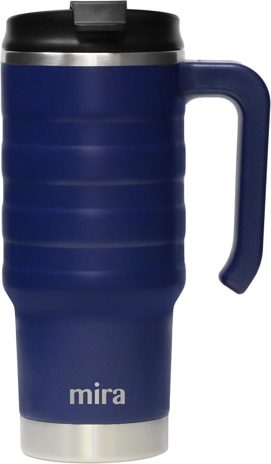 24 oz Insulated Travel Mug - Stainless Steel Coffee Cup with Spill-Proof Flip Lid & Handle - Hot/Cold Car Tumbler - Marine