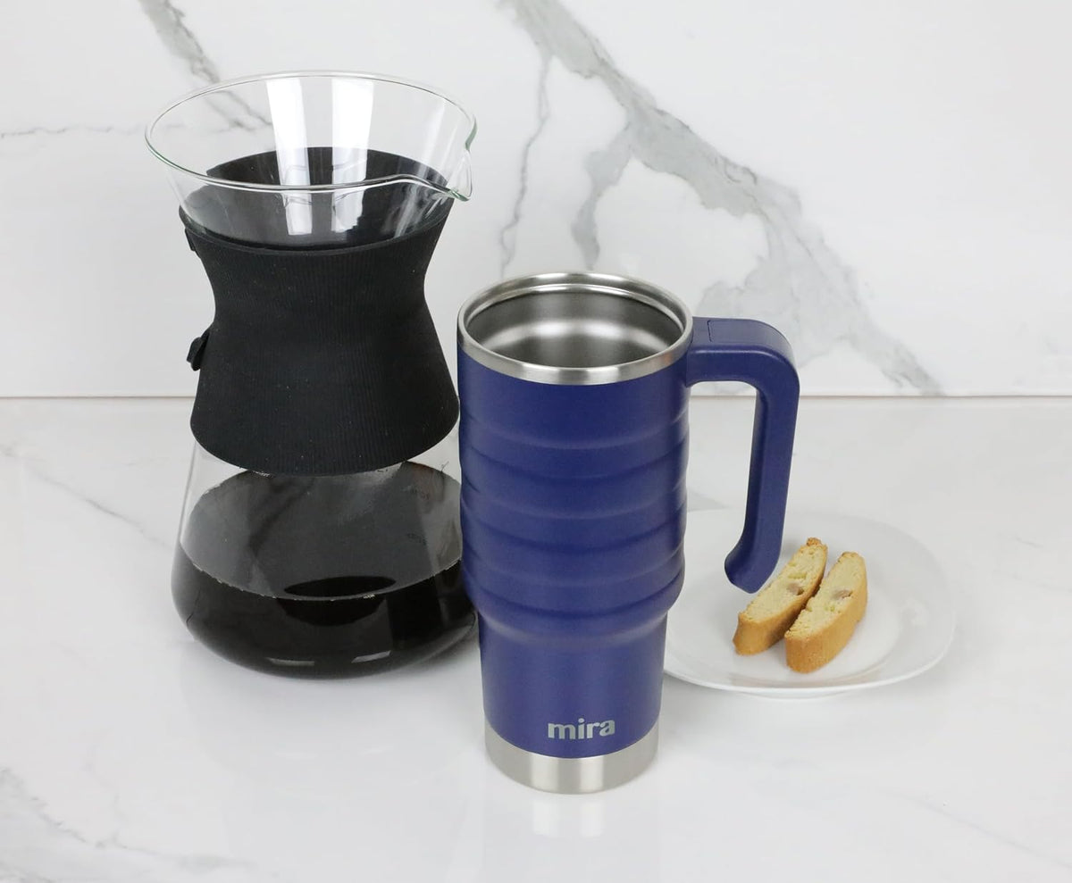24 oz Insulated Travel Mug - Stainless Steel Coffee Cup with Spill-Proof Flip Lid & Handle - Hot/Cold Car Tumbler - Marine