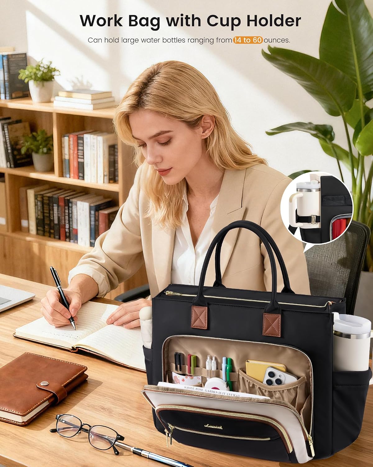 Lunch Tote Bag for Women,Work Laptop Bag with Lunch Compartment | 3 in 1 Work Bag,15.6inch Laptop Bag,Large Cup Holder,Office,College,Casual,Teacher,Nurse
