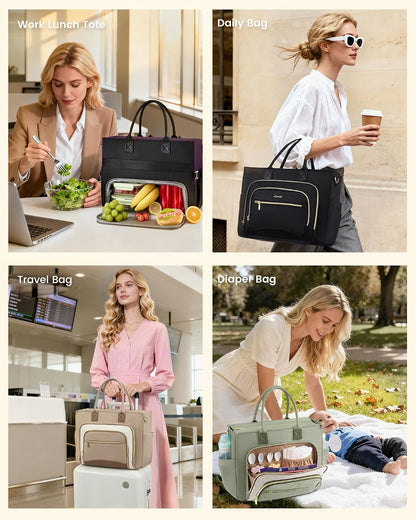 Lunch Tote Bag for Women,Work Laptop Bag with Lunch Compartment | 3 in 1 Work Bag,15.6inch Laptop Bag,Large Cup Holder,Office,College,Casual,Teacher,Nurse
