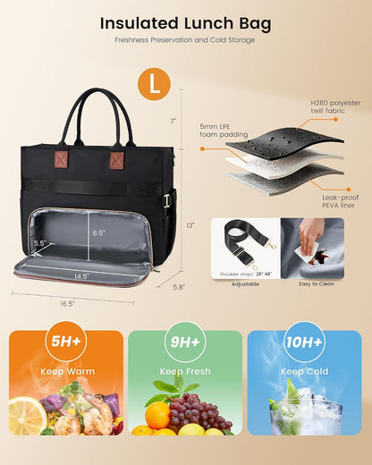 Lunch Tote Bag for Women,Work Laptop Bag with Lunch Compartment | 3 in 1 Work Bag,15.6inch Laptop Bag,Large Cup Holder,Office,College,Casual,Teacher,Nurse
