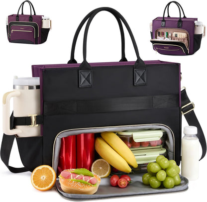Lunch Tote Bag for Women,Work Laptop Bag with Lunch Compartment | 3 in 1 Work Bag,15.6inch Laptop Bag,Large Cup Holder,Office,College,Casual,Teacher,Nurse