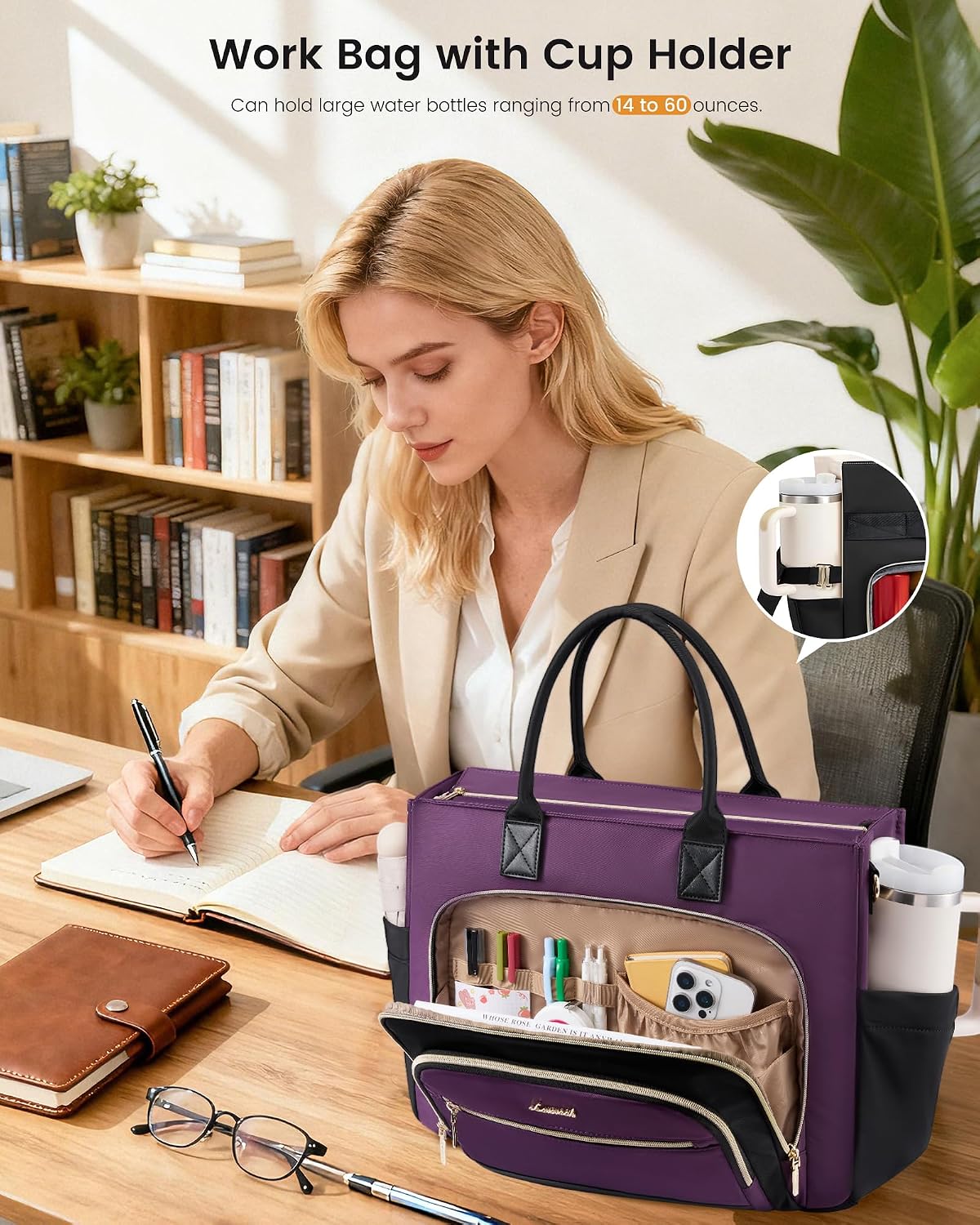 Lunch Tote Bag for Women,Work Laptop Bag with Lunch Compartment | 3 in 1 Work Bag,15.6inch Laptop Bag,Large Cup Holder,Office,College,Casual,Teacher,Nurse