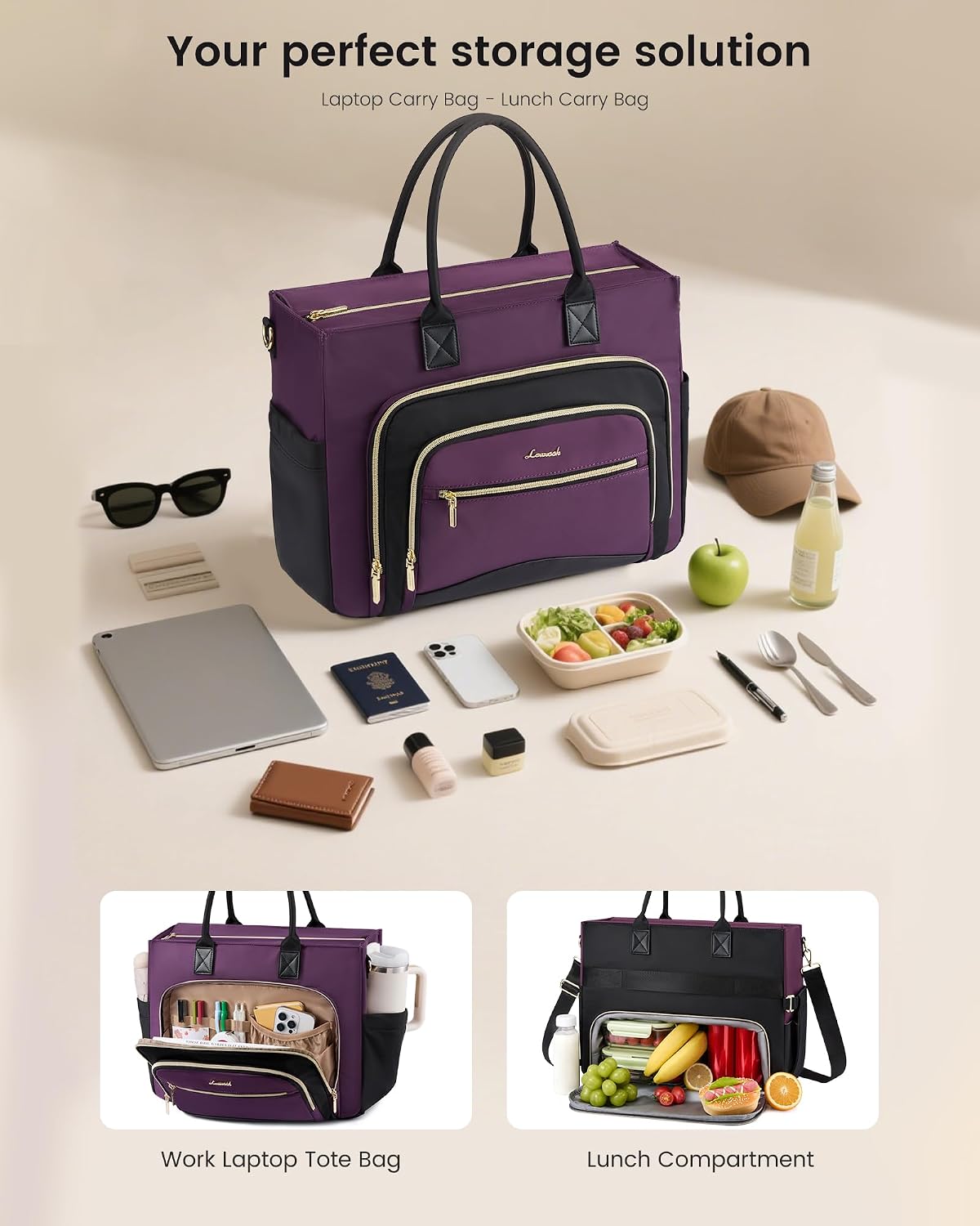 Lunch Tote Bag for Women,Work Laptop Bag with Lunch Compartment | 3 in 1 Work Bag,15.6inch Laptop Bag,Large Cup Holder,Office,College,Casual,Teacher,Nurse