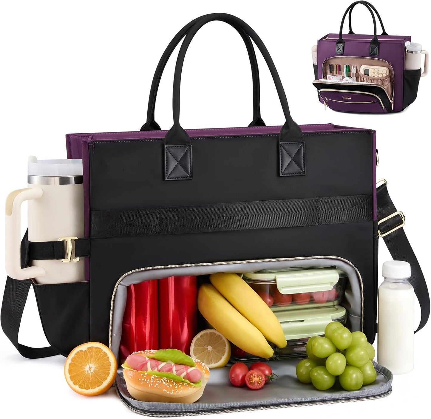 Lunch Tote Bag for Women,Work Laptop Bag with Lunch Compartment | 3 in 1 Work Bag,15.6inch Laptop Bag,Large Cup Holder,Office,College,Casual,Teacher,Nurse