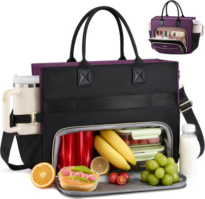 Lunch Tote Bag for Women,Work Laptop Bag with Lunch Compartment | 3 in 1 Work Bag,15.6inch Laptop Bag,Large Cup Holder,Office,College,Casual,Teacher,Nurse