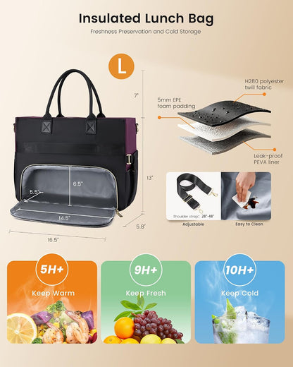 Lunch Tote Bag for Women,Work Laptop Bag with Lunch Compartment | 3 in 1 Work Bag,15.6inch Laptop Bag,Large Cup Holder,Office,College,Casual,Teacher,Nurse