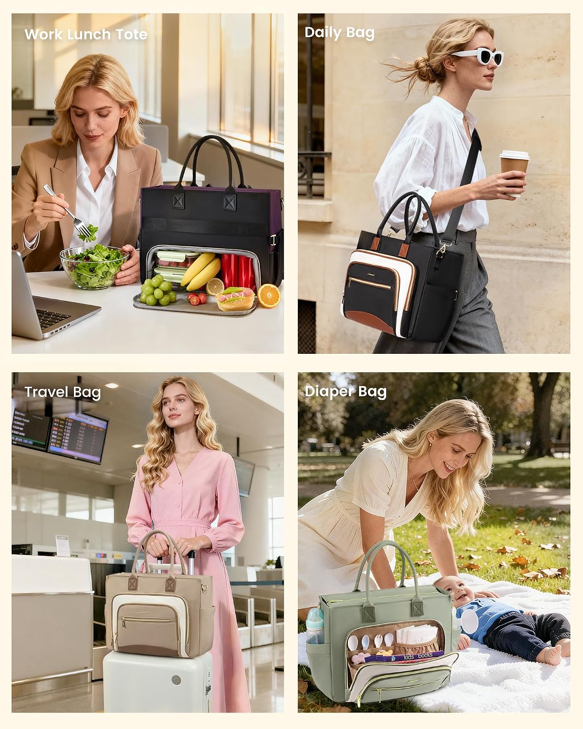 Lunch Tote Bag for Women,Work Laptop Bag with Lunch Compartment | 3 in 1 Work Bag,15.6inch Laptop Bag,Large Cup Holder,Office,College,Casual,Teacher,Nurse