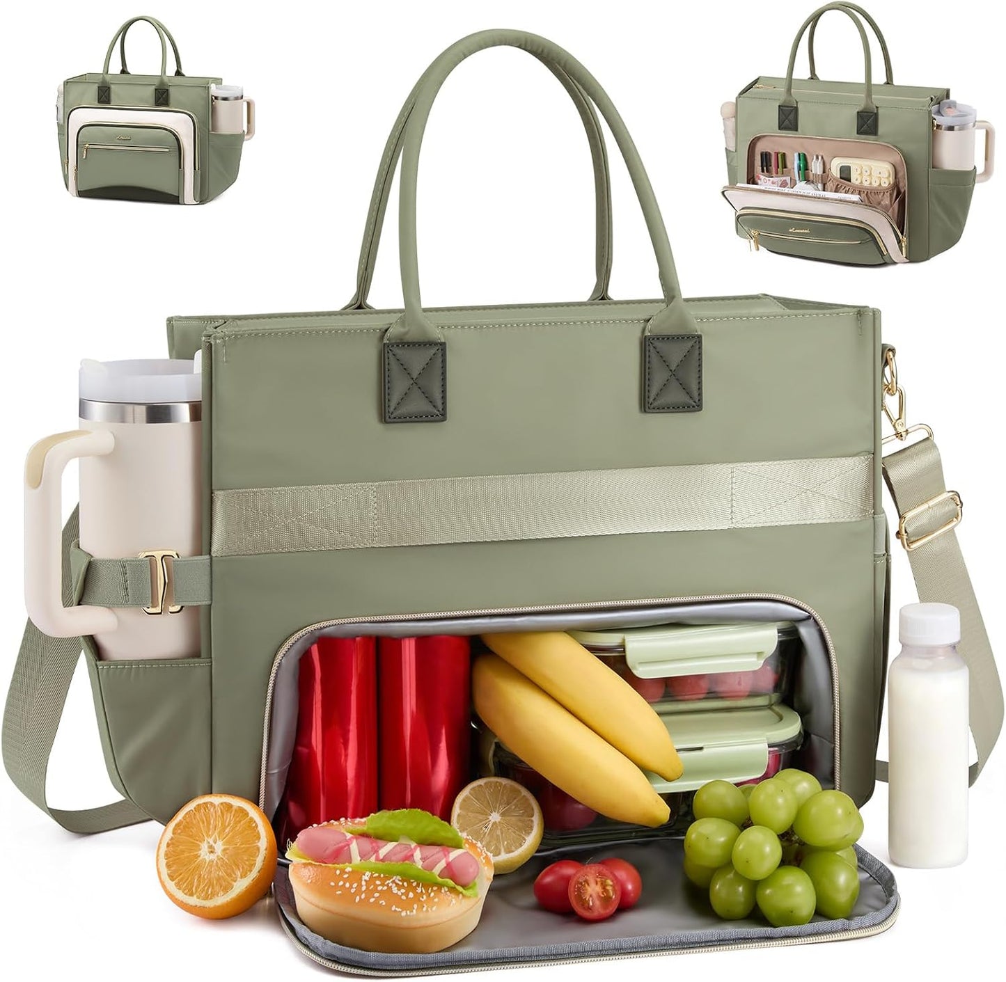 Lunch Tote Bag for Women,Work Laptop Bag with Lunch Compartment | 3 in 1 Work Bag,15.6inch Laptop Bag,Large Cup Holder,Office,College,Casual,Teacher,Nurse