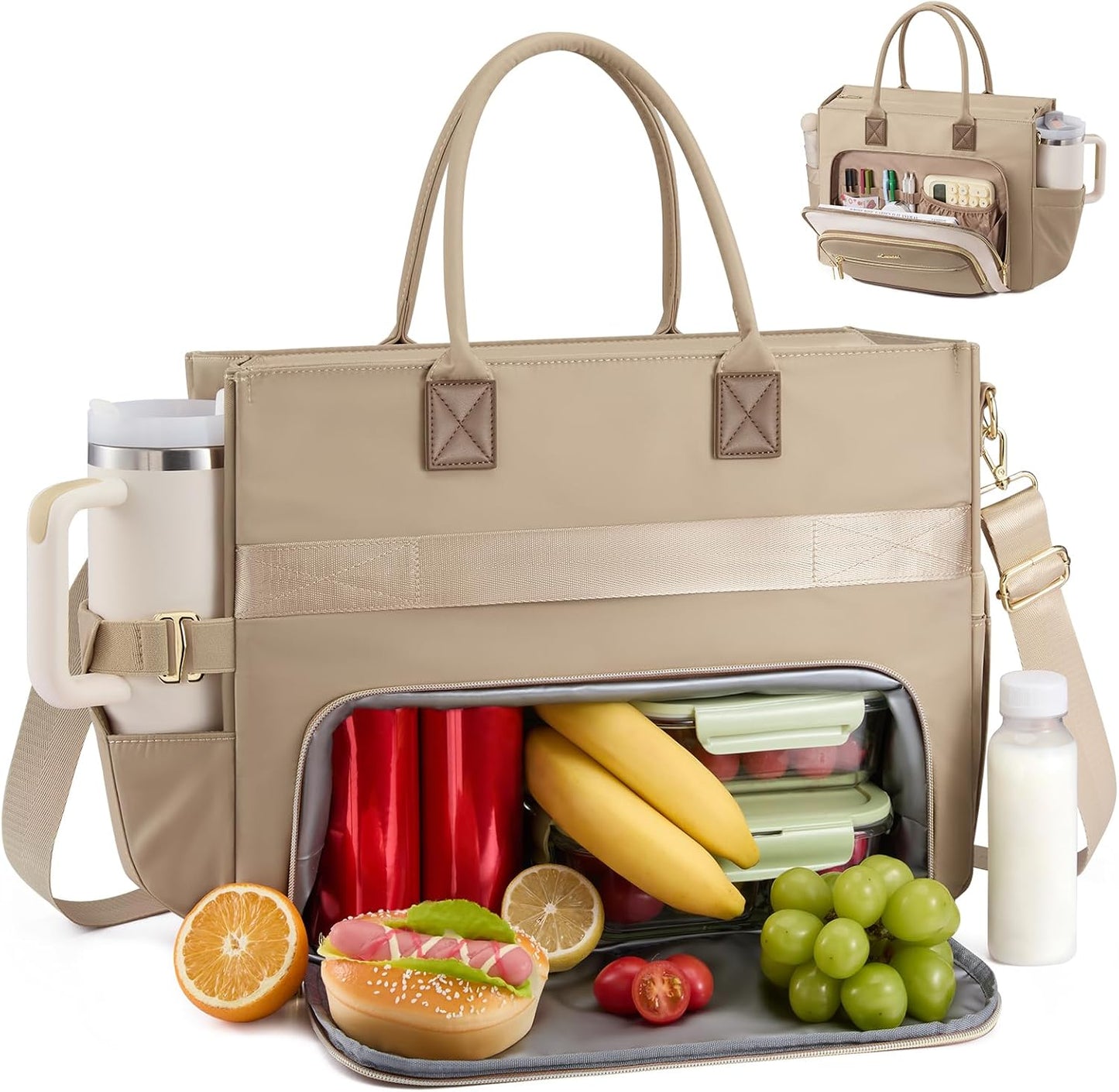 Lunch Tote Bag for Women,Work Laptop Bag with Lunch Compartment | 3 in 1 Work Bag,15.6inch Laptop Bag,Large Cup Holder,Office,College,Casual,Teacher,Nurse