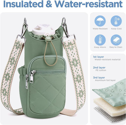 Crossbody Water Bottle Bag for Women,Lightweiht & Hands-Free Blue | Fits 16-40oz Bottles with Phone Pocket(6.9"), 5 RFID Slots,Insulated & Waterproof Nylon, Hands-free Travel & Outdoor