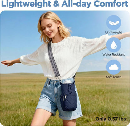Crossbody Water Bottle Bag for Women,Lightweiht & Hands-Free Blue | Fits 16-40oz Bottles with Phone Pocket(6.9"), 5 RFID Slots,Insulated & Waterproof Nylon, Hands-free Travel & Outdoor