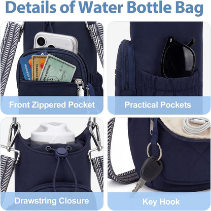 Crossbody Water Bottle Bag for Women,Lightweiht & Hands-Free Blue | Fits 16-40oz Bottles with Phone Pocket(6.9"), 5 RFID Slots,Insulated & Waterproof Nylon, Hands-free Travel & Outdoor