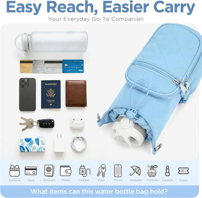 Crossbody Water Bottle Bag for Women,Lightweiht & Hands-Free Blue | Fits 16-40oz Bottles with Phone Pocket(6.9"), 5 RFID Slots,Insulated & Waterproof Nylon, Hands-free Travel & Outdoor