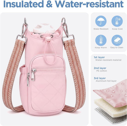 Crossbody Water Bottle Bag for Women,Lightweiht & Hands-Free Blue | Fits 16-40oz Bottles with Phone Pocket(6.9"), 5 RFID Slots,Insulated & Waterproof Nylon, Hands-free Travel & Outdoor