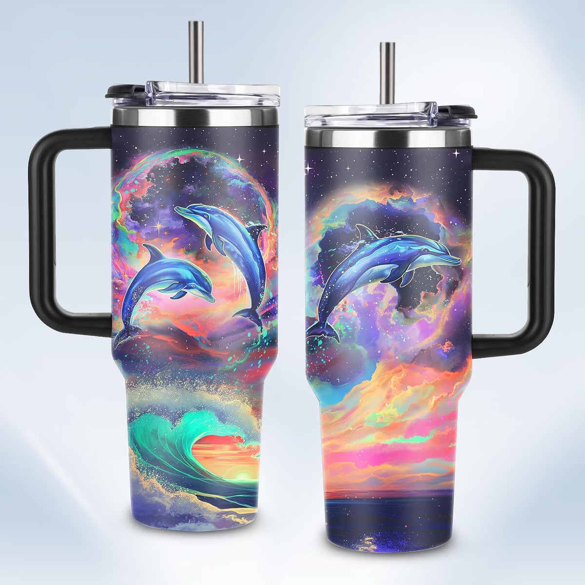 Funny Cat Coffee Mugs Fighting Cat Riding Dinosaur Dino Cups for Boys 40oz Cats T-Rex Travel Coffee Tumbler with Handle and Lids, Animal Cats Lovers Gifts for Women Men