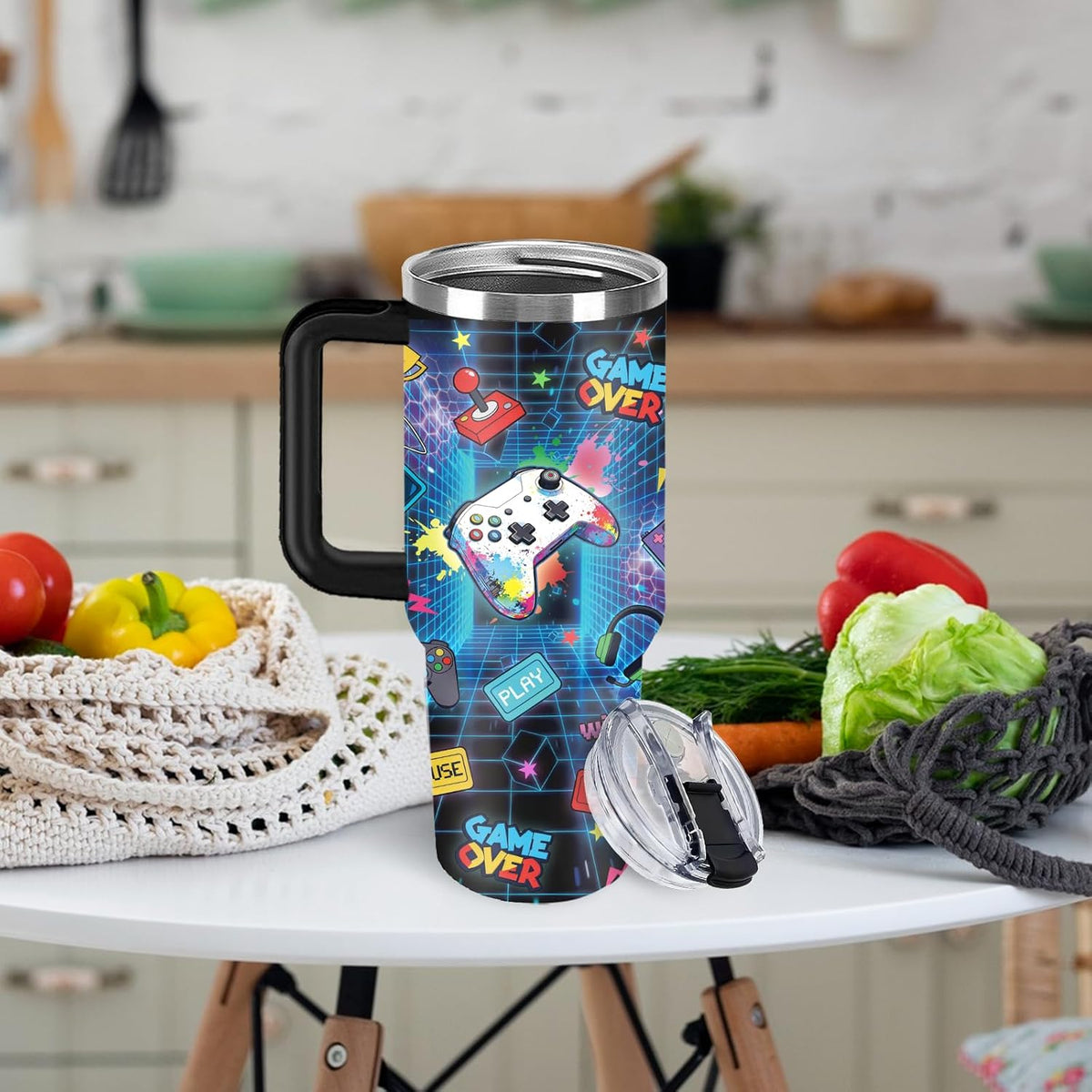 Funny Cat Coffee Mugs Fighting Cat Riding Dinosaur Dino Cups for Boys 40oz Cats T-Rex Travel Coffee Tumbler with Handle and Lids, Animal Cats Lovers Gifts for Women Men
