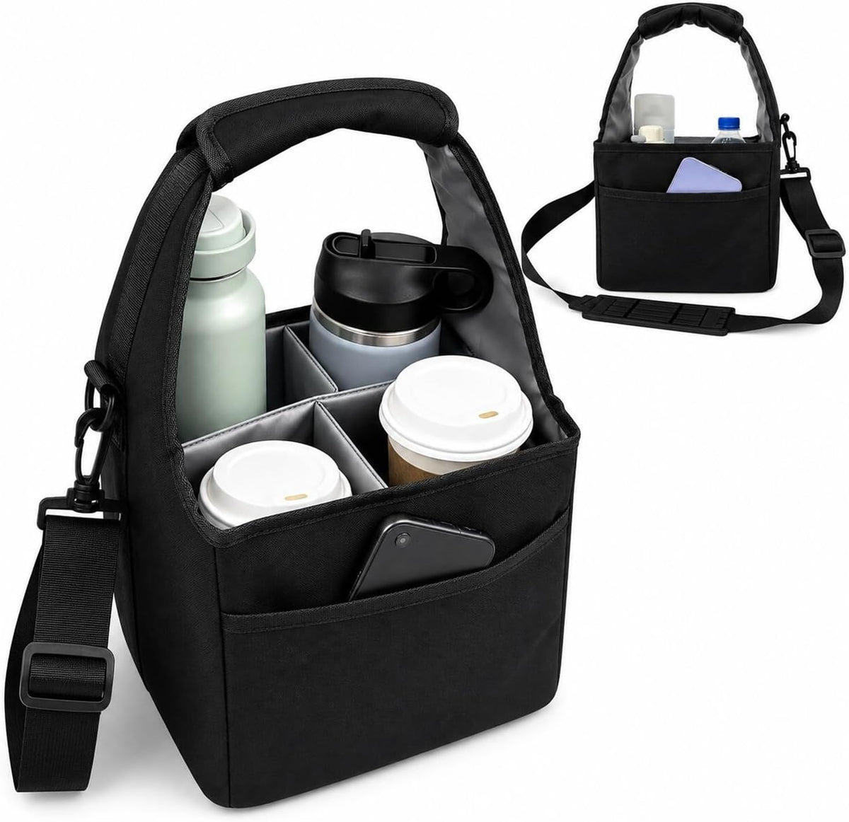 Drink Carrier Tote Bag with Handle Family Size 4 Compartment Water Bottle Holder with Adjustable Shoulder Strap & Removable Dividers Multiple Tumbler Caddy for Car,Delivery,Family Outings