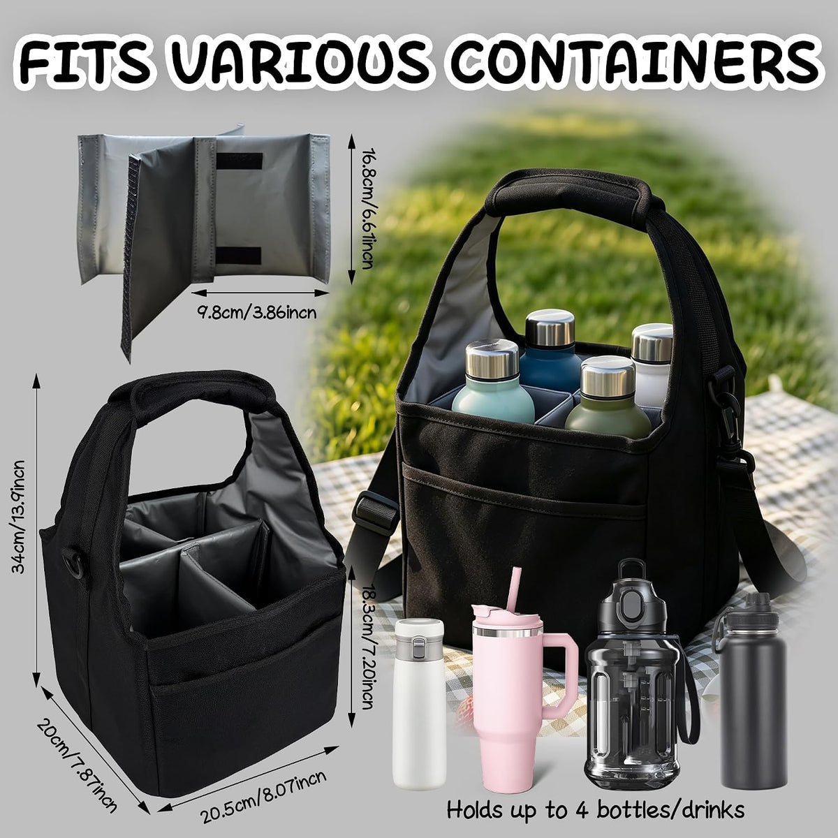 Drink Carrier Tote Bag with Handle Family Size 4 Compartment Water Bottle Holder with Adjustable Shoulder Strap & Removable Dividers Multiple Tumbler Caddy for Car,Delivery,Family Outings