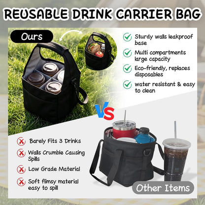 Drink Carrier Tote Bag with Handle Family Size 4 Compartment Water Bottle Holder with Adjustable Shoulder Strap & Removable Dividers Multiple Tumbler Caddy for Car,Delivery,Family Outings