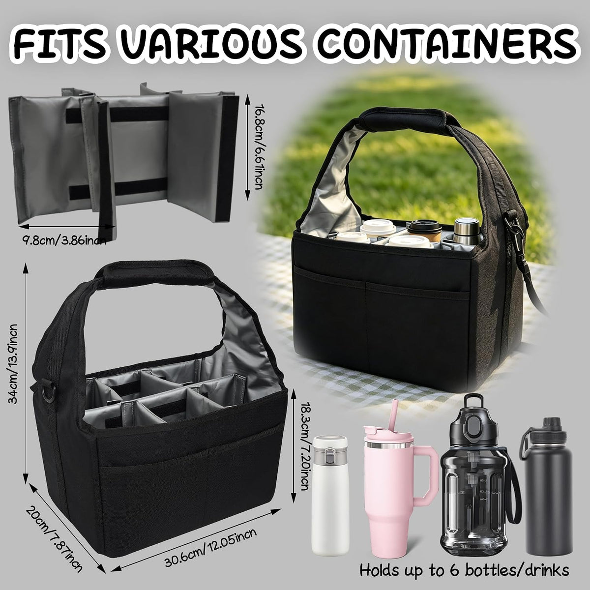 Drink Carrier Tote Bag with Handle Family Size 4 Compartment Water Bottle Holder with Adjustable Shoulder Strap & Removable Dividers Multiple Tumbler Caddy for Car,Delivery,Family Outings