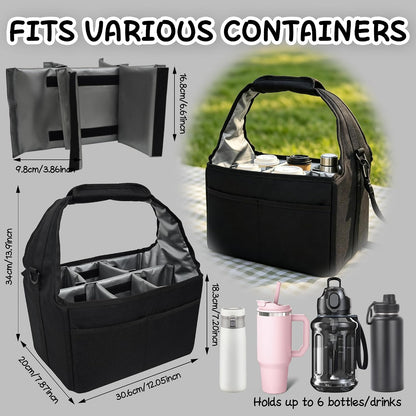 Drink Carrier Tote Bag with Handle Family Size 4 Compartment Water Bottle Holder with Adjustable Shoulder Strap & Removable Dividers Multiple Tumbler Caddy for Car,Delivery,Family Outings