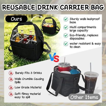 Drink Carrier Tote Bag with Handle Family Size 4 Compartment Water Bottle Holder with Adjustable Shoulder Strap & Removable Dividers Multiple Tumbler Caddy for Car,Delivery,Family Outings
