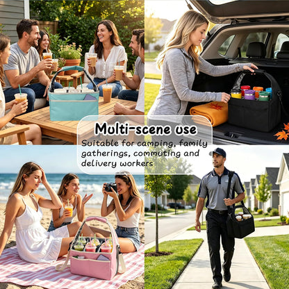 Drink Carrier Tote Bag with Handle Family Size 4 Compartment Water Bottle Holder with Adjustable Shoulder Strap & Removable Dividers Multiple Tumbler Caddy for Car,Delivery,Family Outings