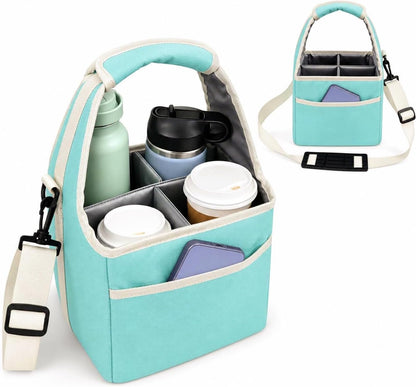 Drink Carrier Tote Bag with Handle Family Size 4 Compartment Water Bottle Holder with Adjustable Shoulder Strap & Removable Dividers Multiple Tumbler Caddy for Car,Delivery,Family Outings
