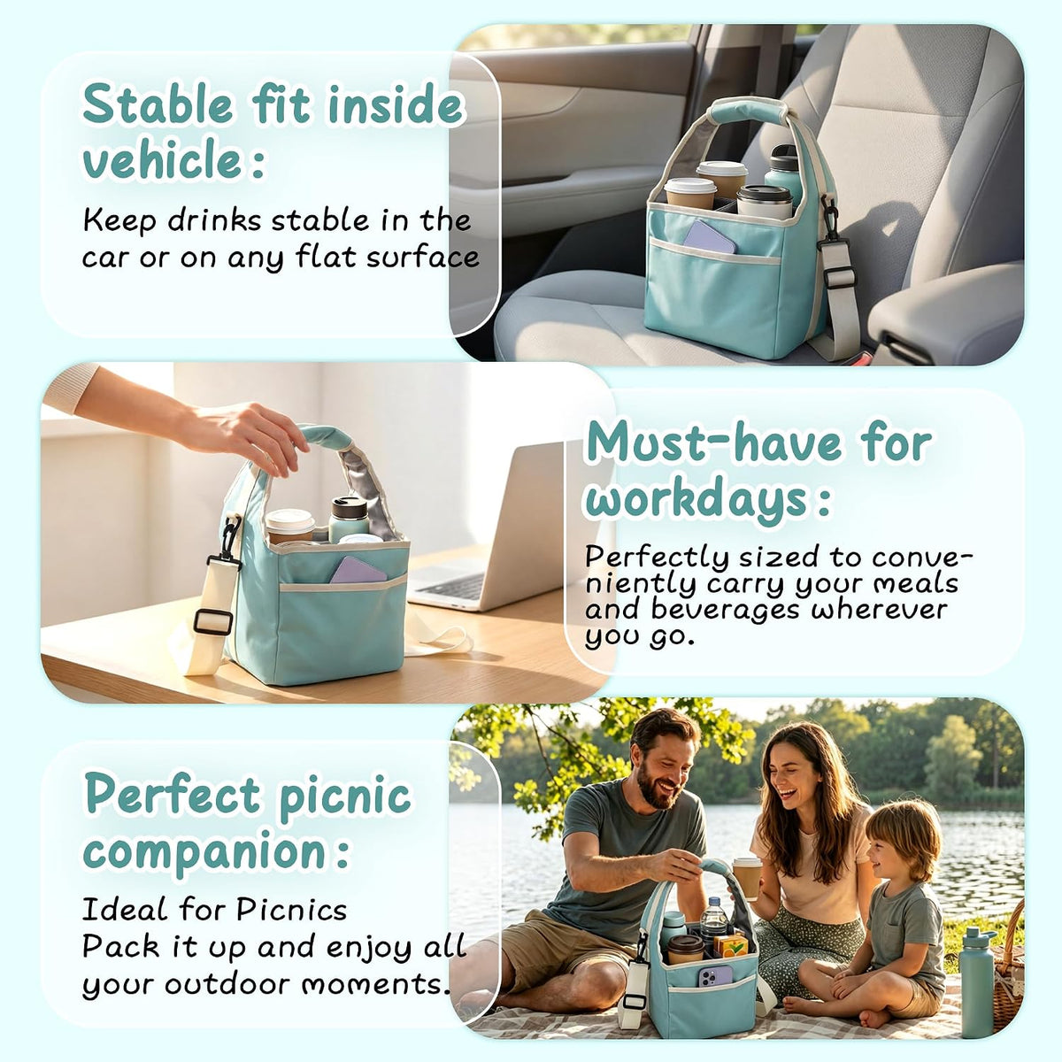 Drink Carrier Tote Bag with Handle Family Size 4 Compartment Water Bottle Holder with Adjustable Shoulder Strap & Removable Dividers Multiple Tumbler Caddy for Car,Delivery,Family Outings