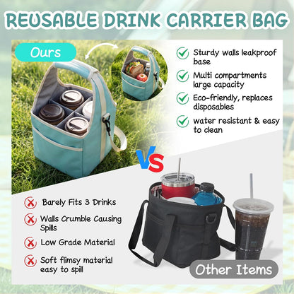Drink Carrier Tote Bag with Handle Family Size 4 Compartment Water Bottle Holder with Adjustable Shoulder Strap & Removable Dividers Multiple Tumbler Caddy for Car,Delivery,Family Outings