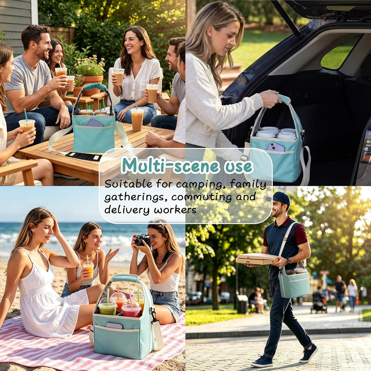Drink Carrier Tote Bag with Handle Family Size 4 Compartment Water Bottle Holder with Adjustable Shoulder Strap & Removable Dividers Multiple Tumbler Caddy for Car,Delivery,Family Outings