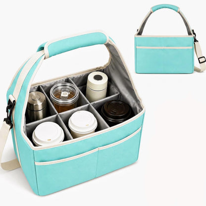 Drink Carrier Tote Bag with Handle Family Size 4 Compartment Water Bottle Holder with Adjustable Shoulder Strap & Removable Dividers Multiple Tumbler Caddy for Car,Delivery,Family Outings