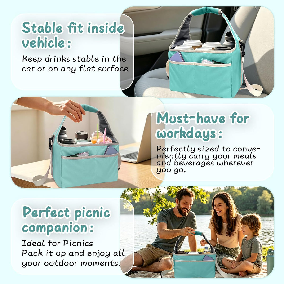 Drink Carrier Tote Bag with Handle Family Size 4 Compartment Water Bottle Holder with Adjustable Shoulder Strap & Removable Dividers Multiple Tumbler Caddy for Car,Delivery,Family Outings
