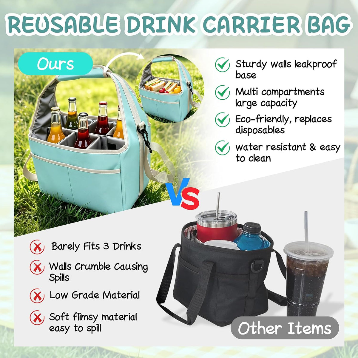 Drink Carrier Tote Bag with Handle Family Size 4 Compartment Water Bottle Holder with Adjustable Shoulder Strap & Removable Dividers Multiple Tumbler Caddy for Car,Delivery,Family Outings