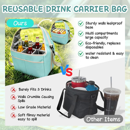 Drink Carrier Tote Bag with Handle Family Size 4 Compartment Water Bottle Holder with Adjustable Shoulder Strap & Removable Dividers Multiple Tumbler Caddy for Car,Delivery,Family Outings