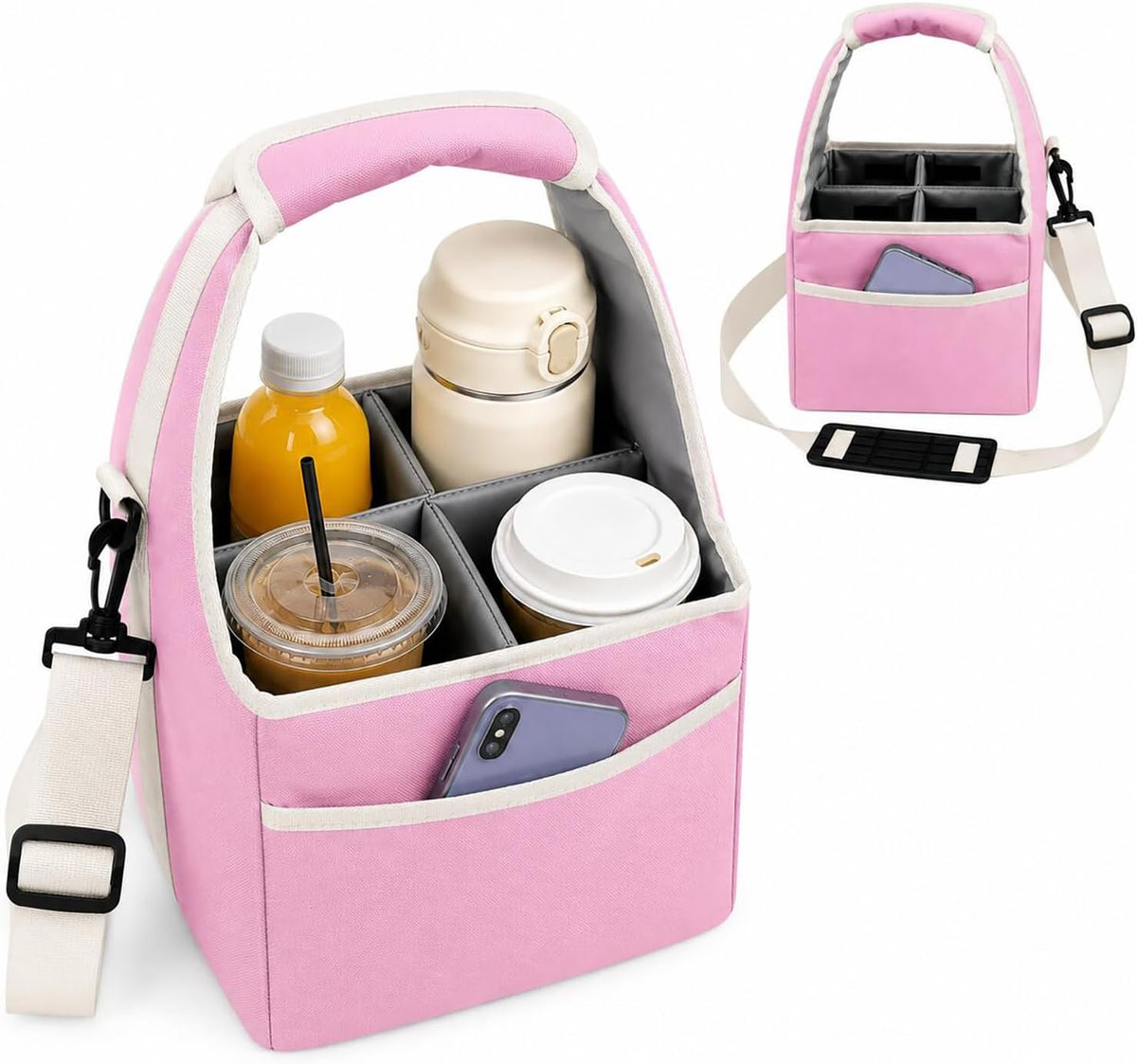 Drink Carrier Tote Bag with Handle Family Size 4 Compartment Water Bottle Holder with Adjustable Shoulder Strap & Removable Dividers Multiple Tumbler Caddy for Car,Delivery,Family Outings
